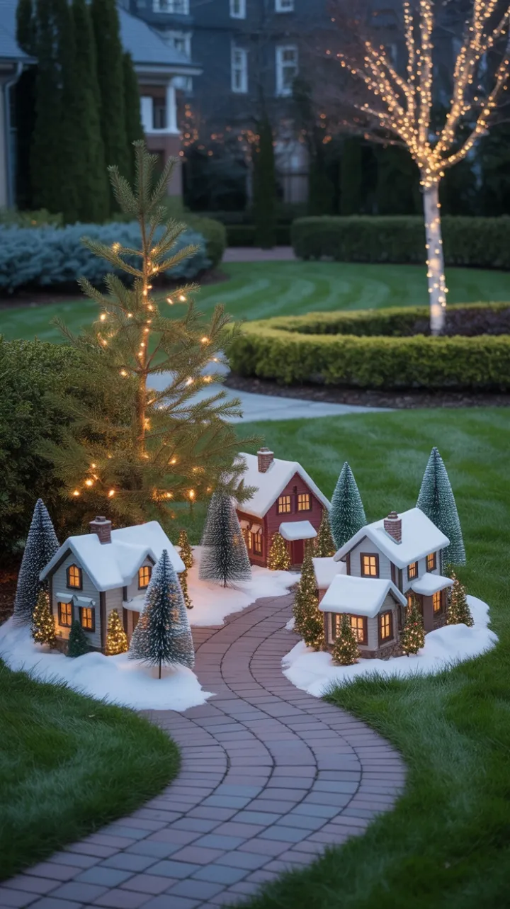 Birch-Lit Miniature Christmas Village at Dusk