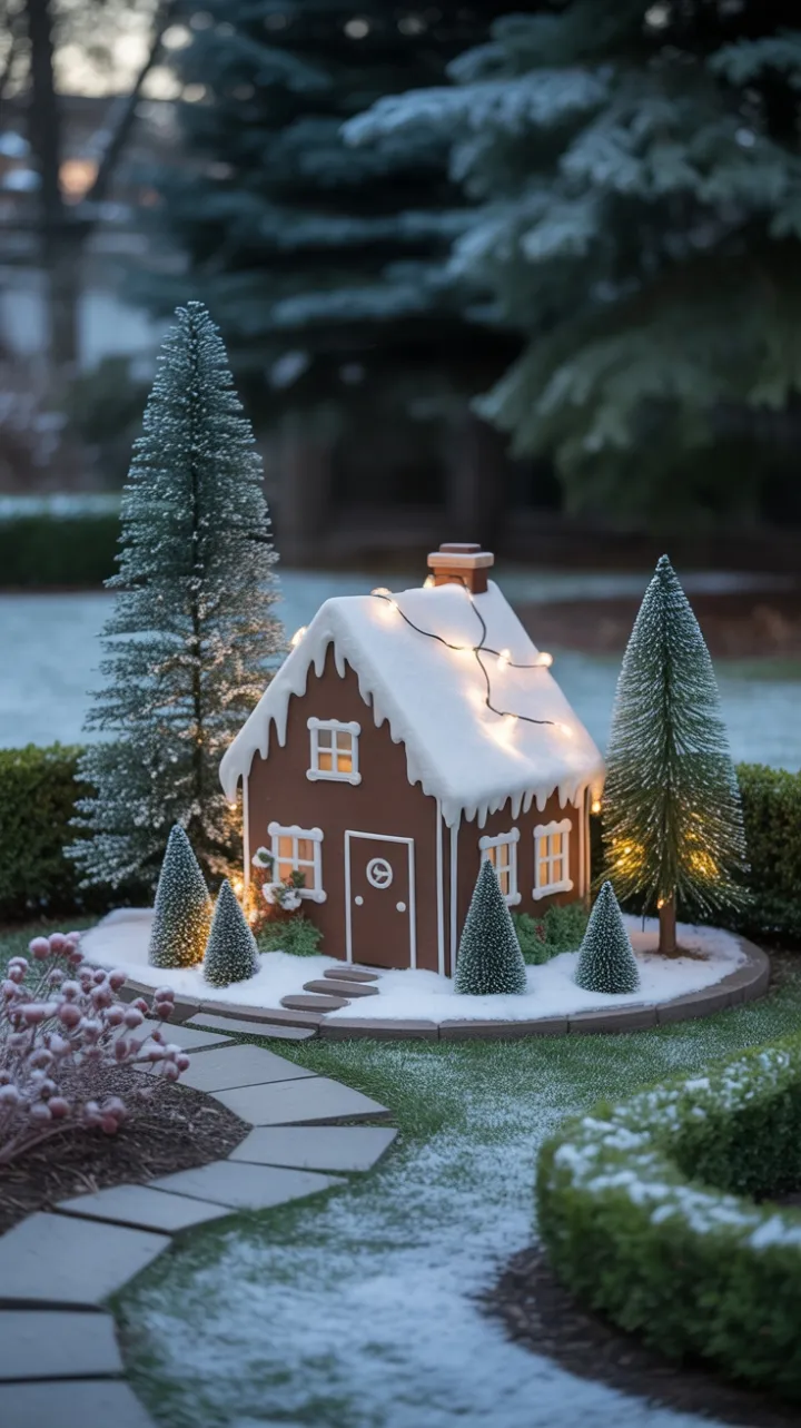 Gingerbread Cottage Glow in a Snowy Front Yard
