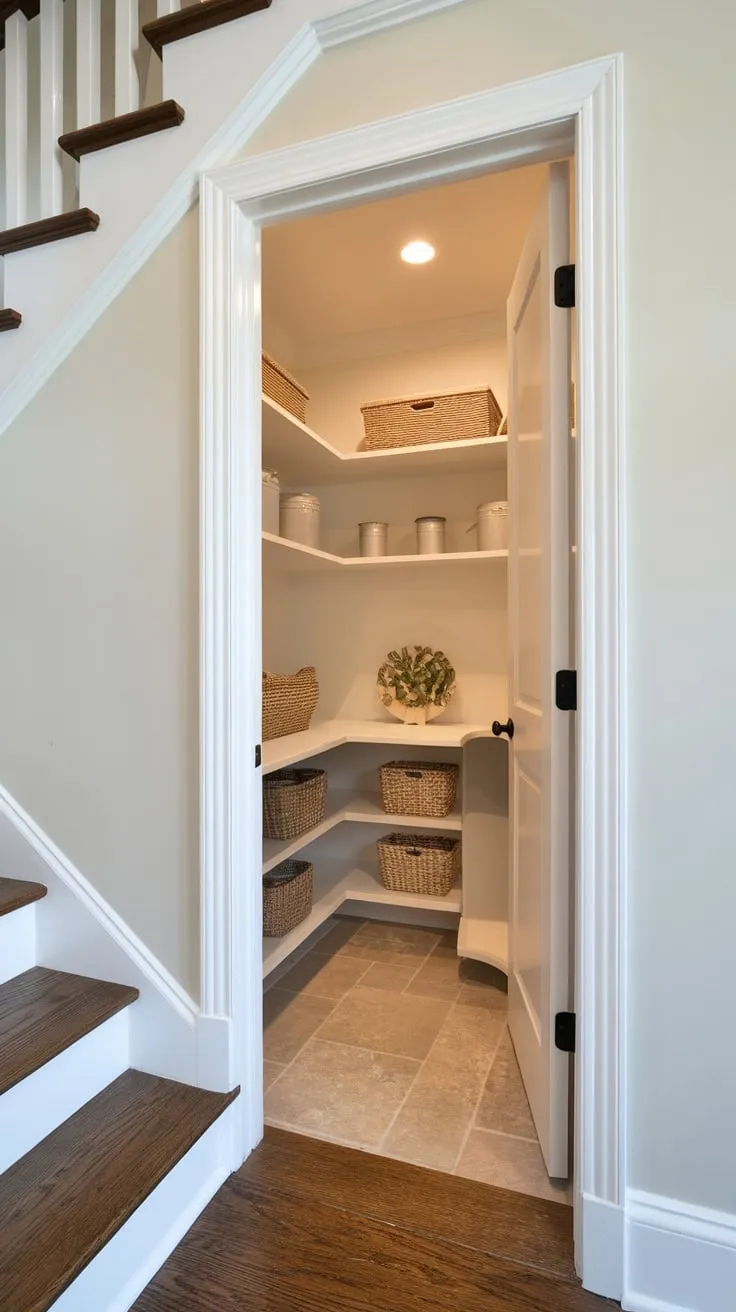 A bright white-walled, tiled-floor closet pantry, cleverly tucked under the stairs, boasts ample shelving and a light for efficient storage.