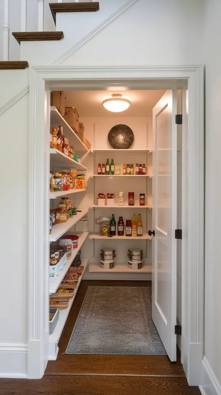 A remodeled under-stair closet pantry boasts expanded shelving, bright lighting, and a charming rug, maximizing storage in a small space