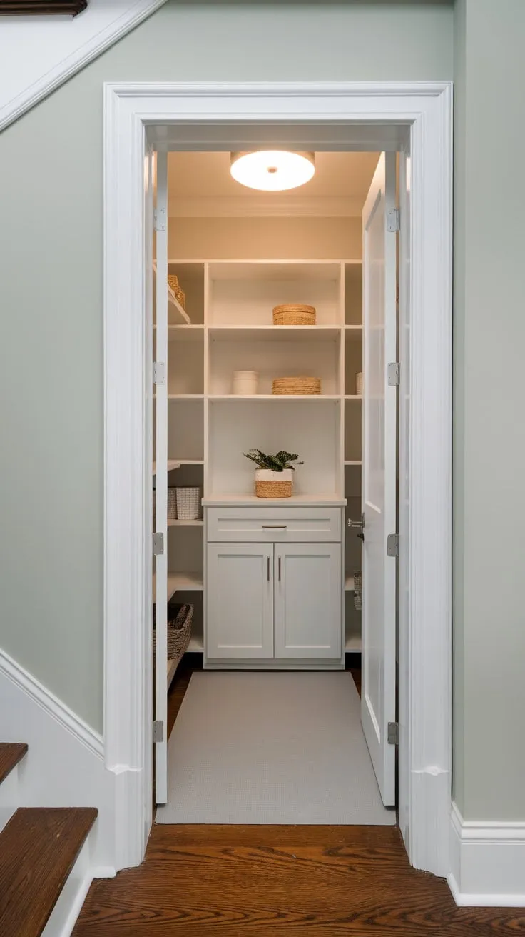 A sleek modern small closet pantry remodel under the stairs boasts white cabinetry, soft gray walls, and efficient shelving.