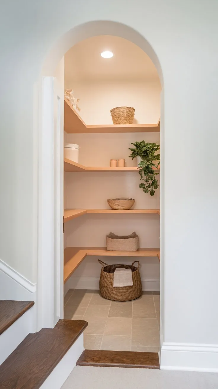 A minimalist small closet pantry under the stairs boasts soft lighting, white shelving, and a few carefully chosen accents, transforming a tight space into a bright and organized haven.