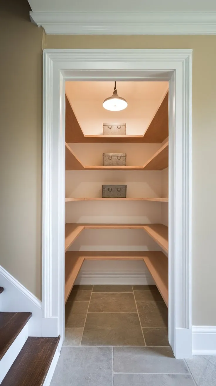 A charming small closet pantry remodel under the stairs boasts white paint, wooden shelves, tiled floors, and a light fixture for bright, organized storage