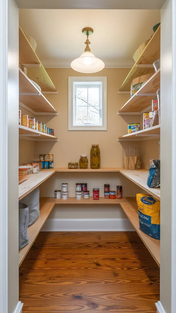 Under-stair storage transformed into a bright, functional pantry with wooden shelves and a charming window.