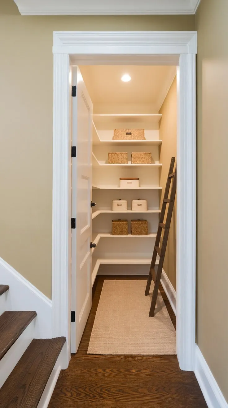 A remodeled under-stair closet pantry boasts clean white shelves, beige walls, and a cozy rug creating a surprisingly spacious and organized storage solution