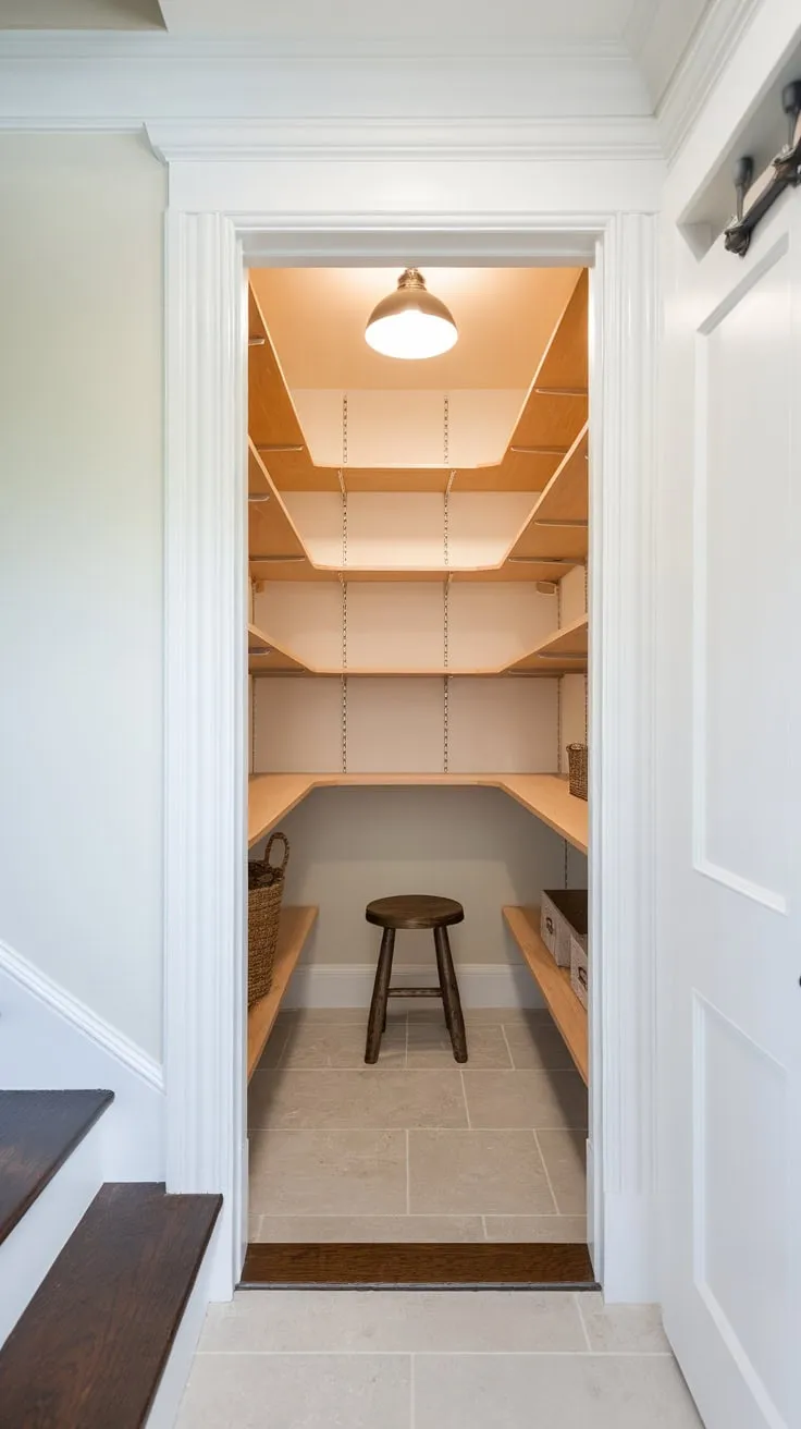 A bright white-walled closet pantry remodel boasts custom wooden shelves, tiled floors, a convenient stool, and ample under-stair storage