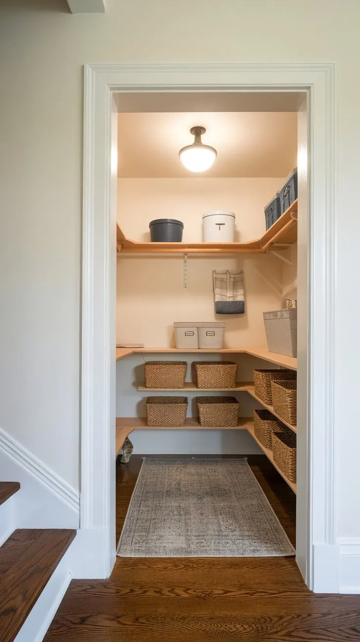 A charming small closet pantry remodel under the stairs boasts bright white walls, a wooden shelf, and clever storage solutions.