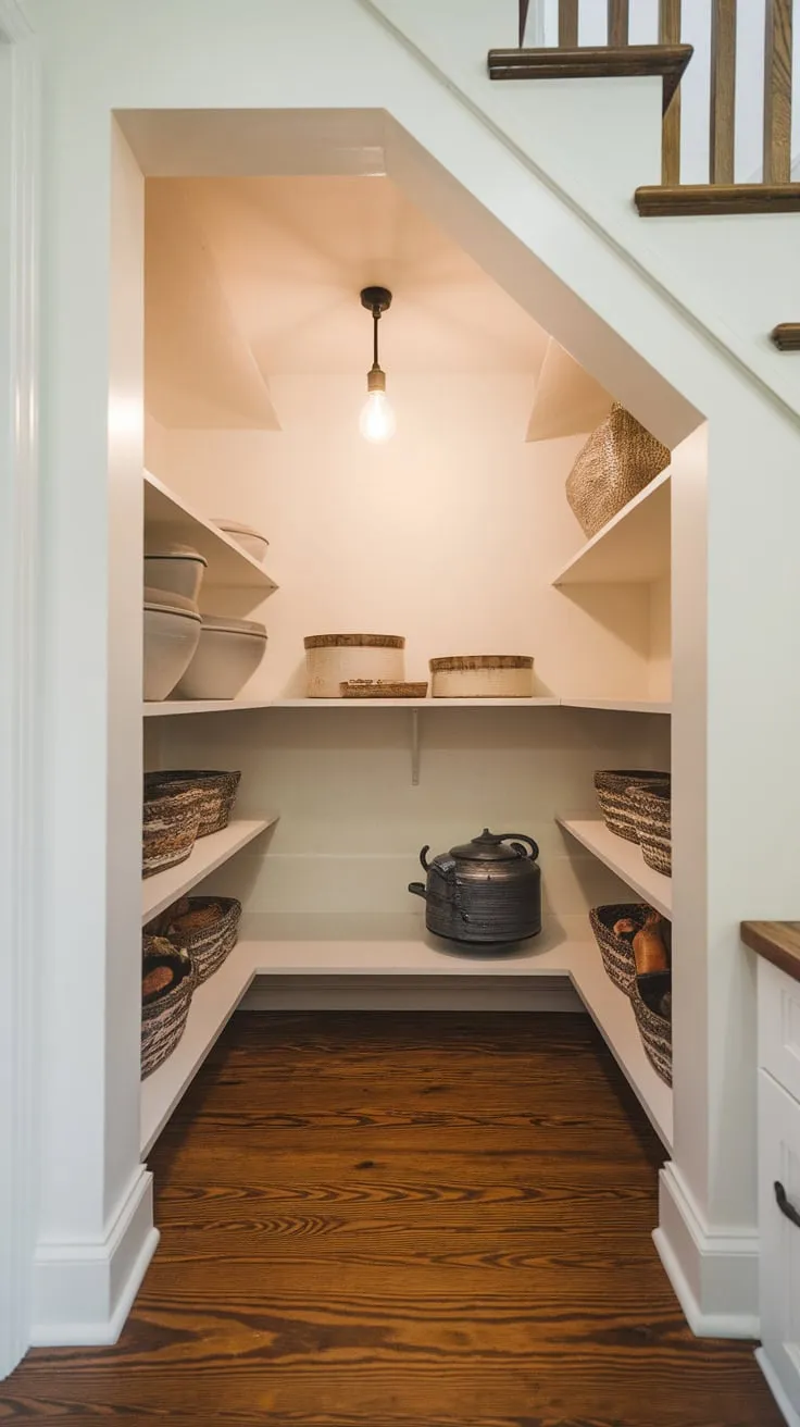 A charming remodel transforms a cramped under-stairs pantry into a functional space with wooden floors, a shelf, and ambient lighting