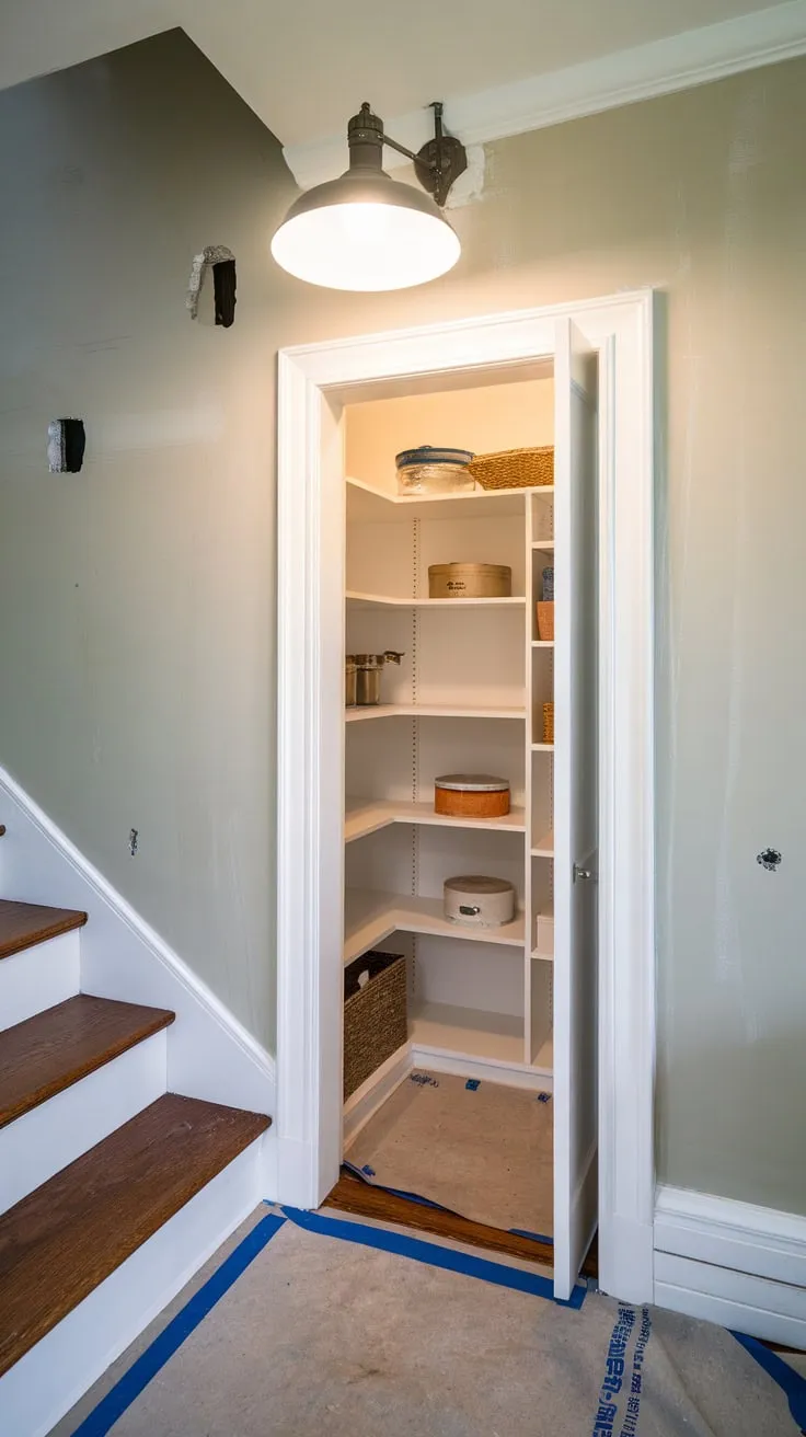 A tiny, imperfect under-stairs pantry, currently under renovation, shows potential despite its limited size and damaged walls.