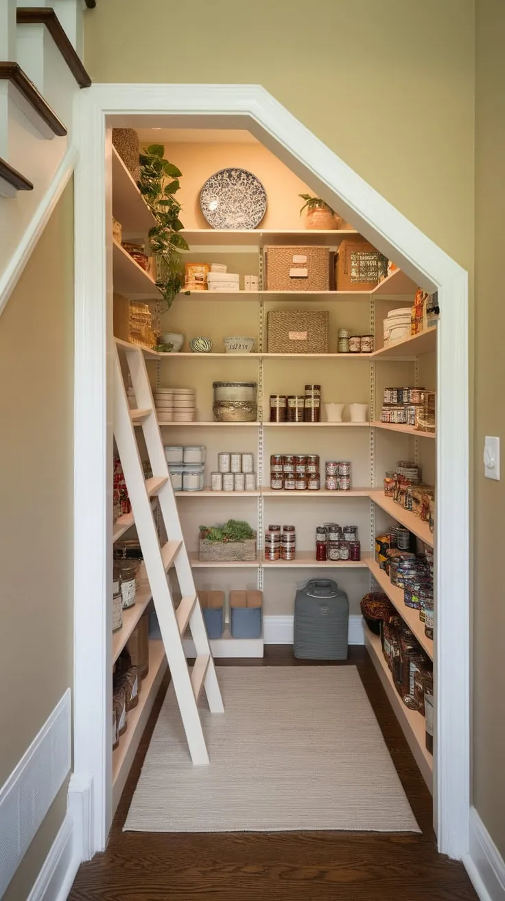 Under the stairs, a small but charming pantry overflows with canned goods, jars, and personal items, radiating warmth and inviting organization.