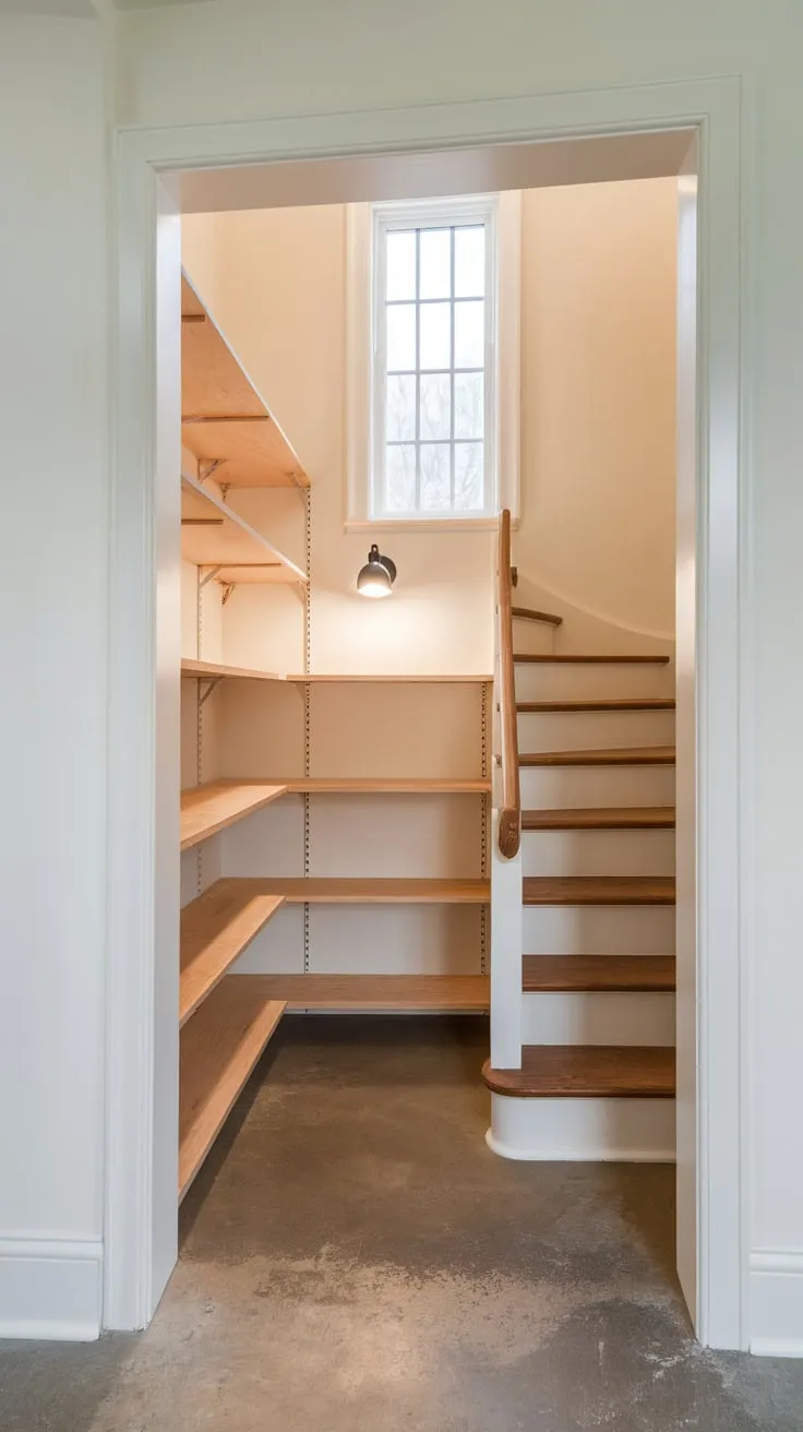 Under-stair storage transformed a small closet into a functional pantry with added light and charming wooden shelves.