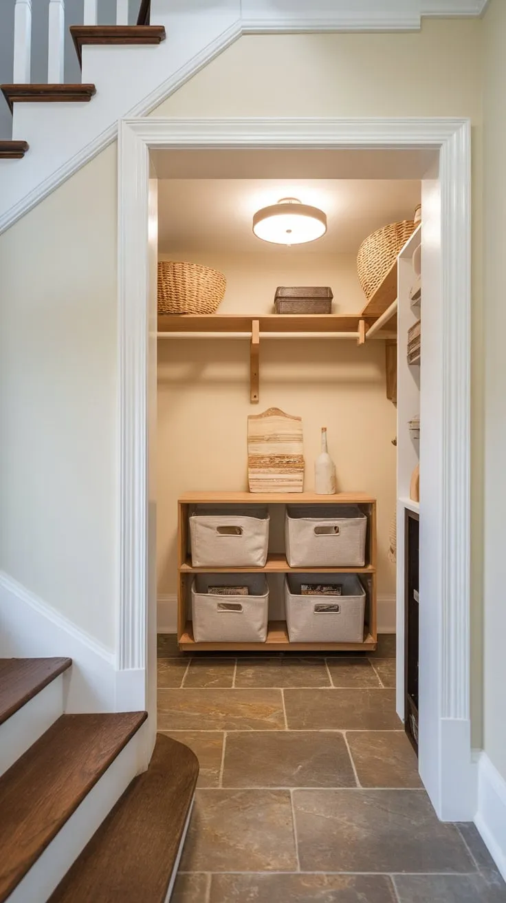 Under-stair storage maximized with a remodeled pantry featuring new shelving, bins, a light, and tiled floor.