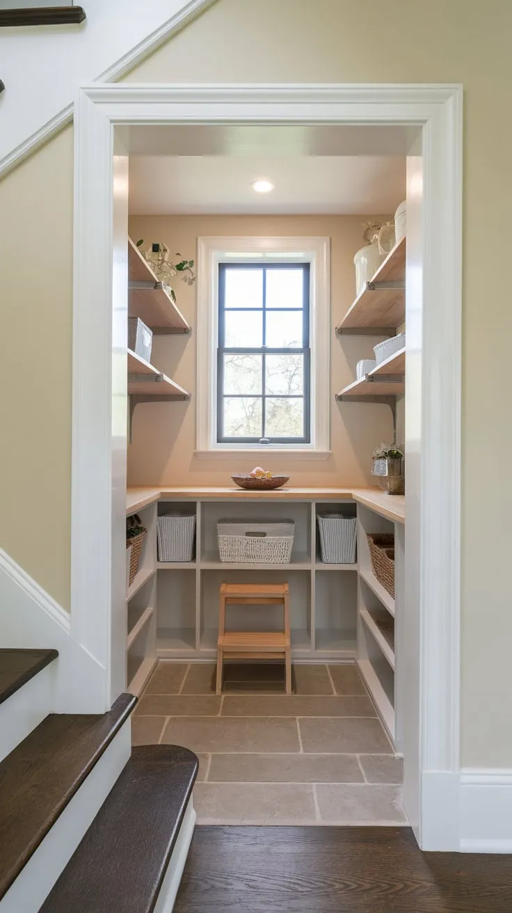 A tiny but mighty pantry under the stairs maximizes storage with wooden shelves, a helpful step stool, and a touch of natural light.