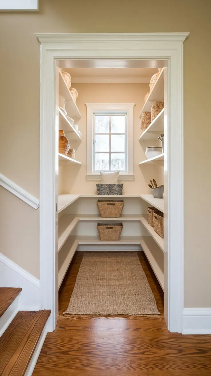 A cozy, light-filled closet pantry transformation features white shelves and a wooden floor, showcasing efficient storage in a compact space.