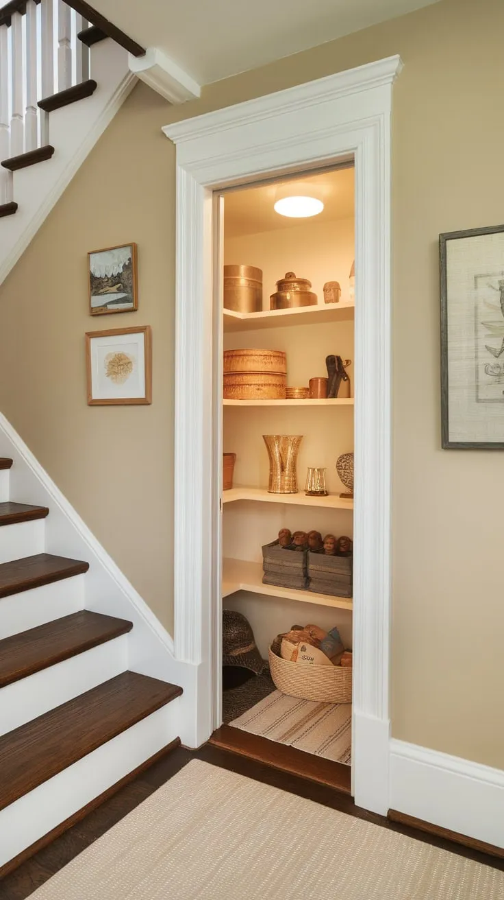 A cozy beige-toned under-stair pantry remodel boasts added shelves and lighting for efficient small-space storage