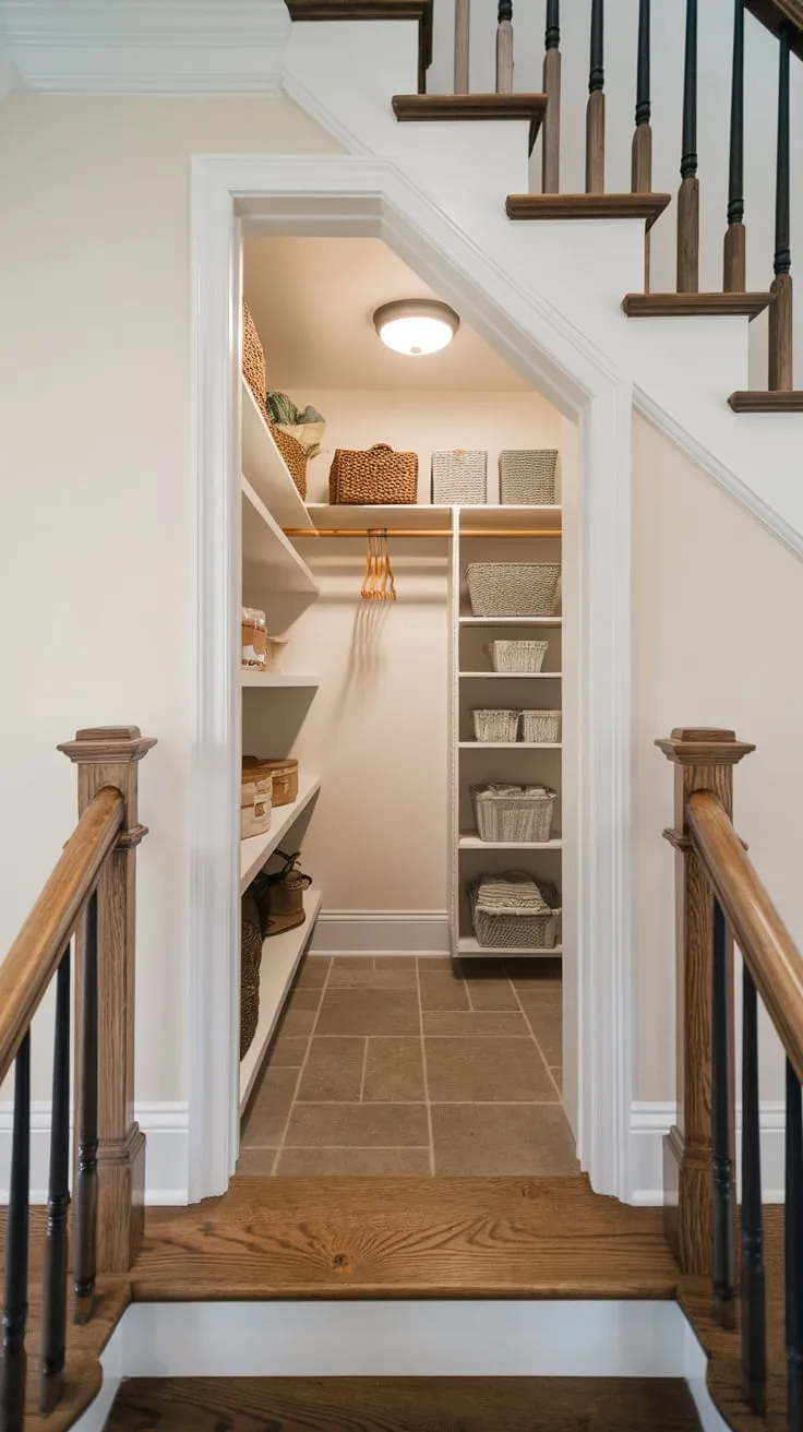 A charming under-stairs pantry remodel maximizes limited space with tiled flooring, shelving, hanging storage, and a light, complemented by a wooden stair railing.