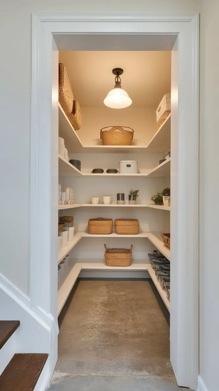 A tiny under-stairs pantry transformation maximizes storage with clever shelving and bright lighting.