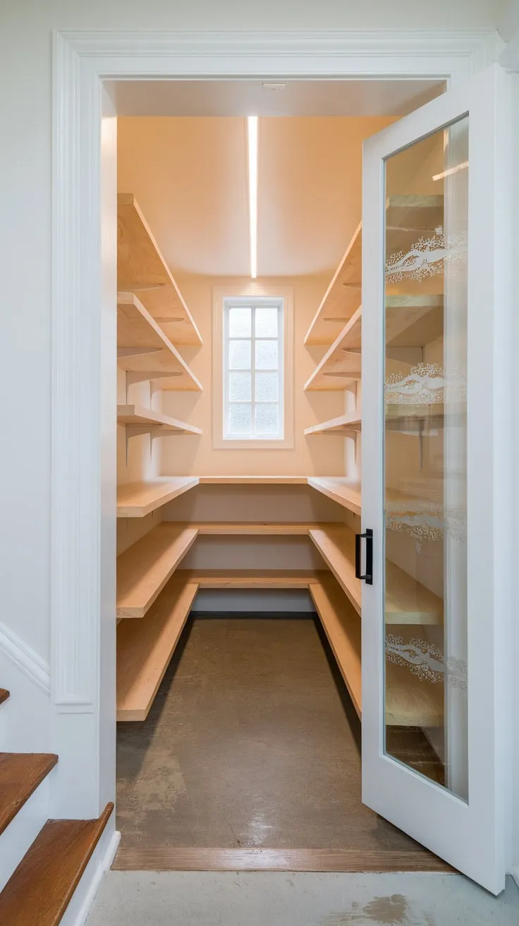 A remodeled closet under the stairs boasts bright lighting, natural wood shelves, and a frosted glass door creating a clean, functional small pantry.