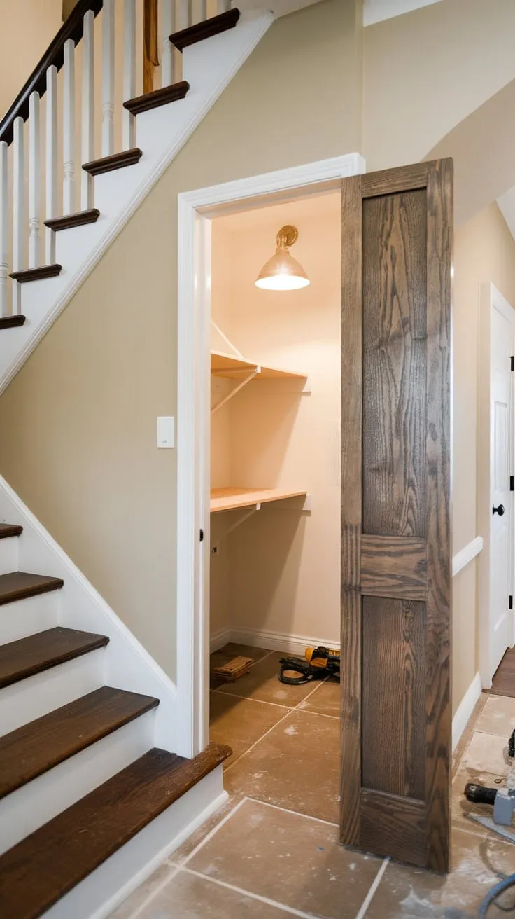 A small, beige-walled closet pantry under the stairs is undergoing a transformation.