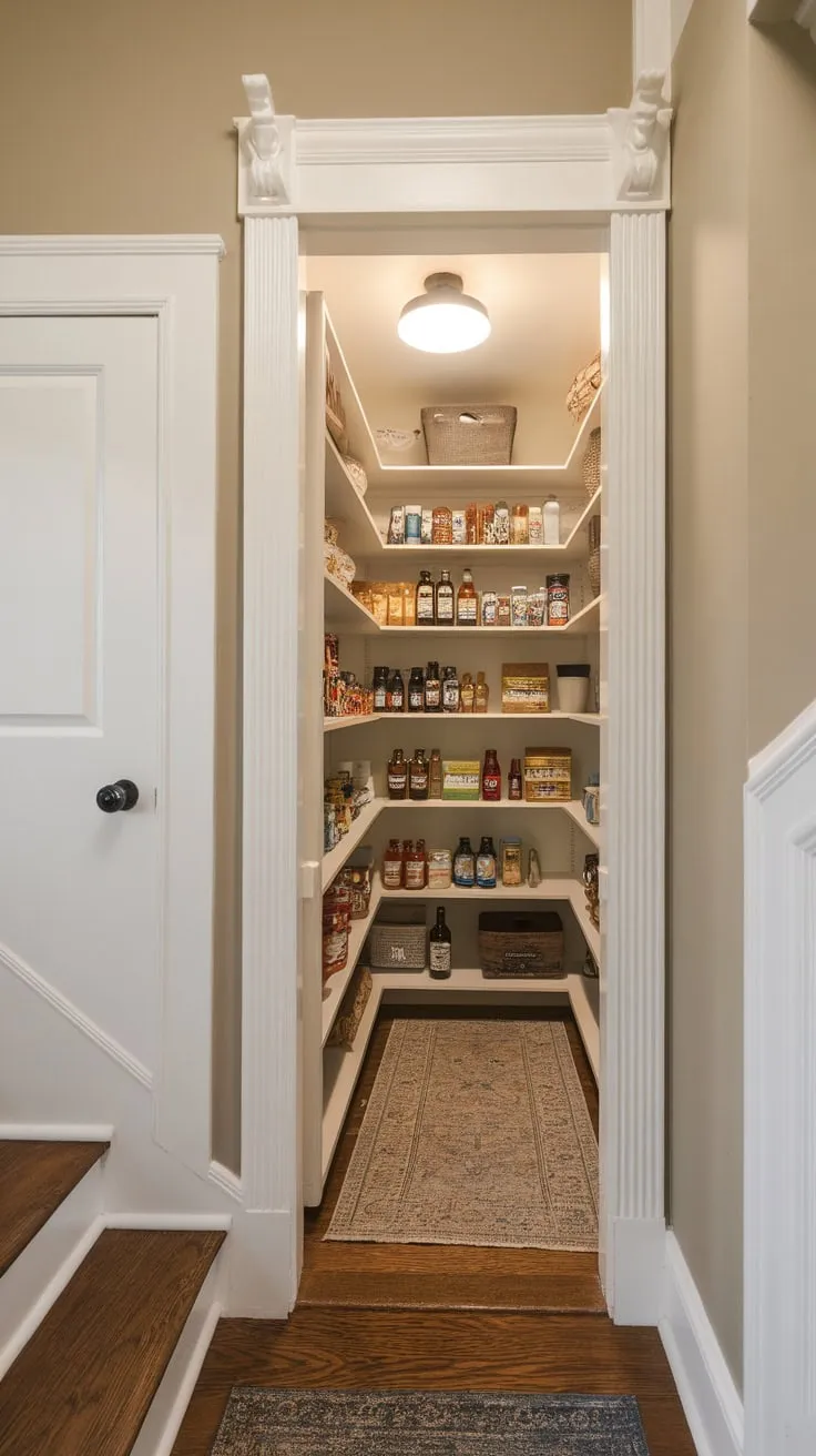 A cramped under-stairs space was remodeled into a well-lit pantry boasting custom shelves, a door, and a cozy rug.