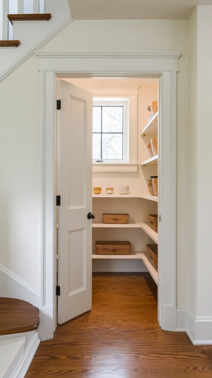 A charming small pantry closet remodel under the stairs boasts efficient shelving, a windowed door, and a bright white interior.