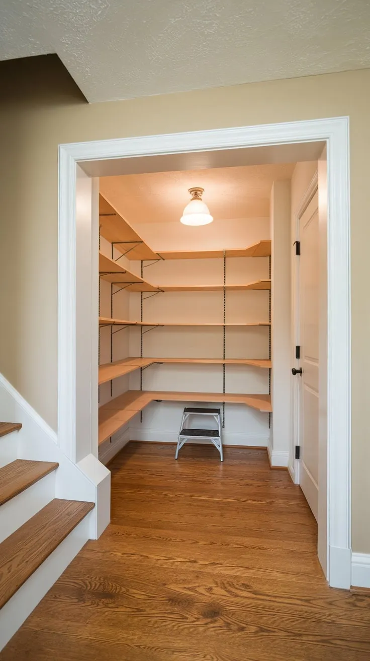 Under-stair storage transformed a cramped closet into a functional pantry with wooden shelves, a light, and a step stool, maximizing space in a charming, wood-floored nook.