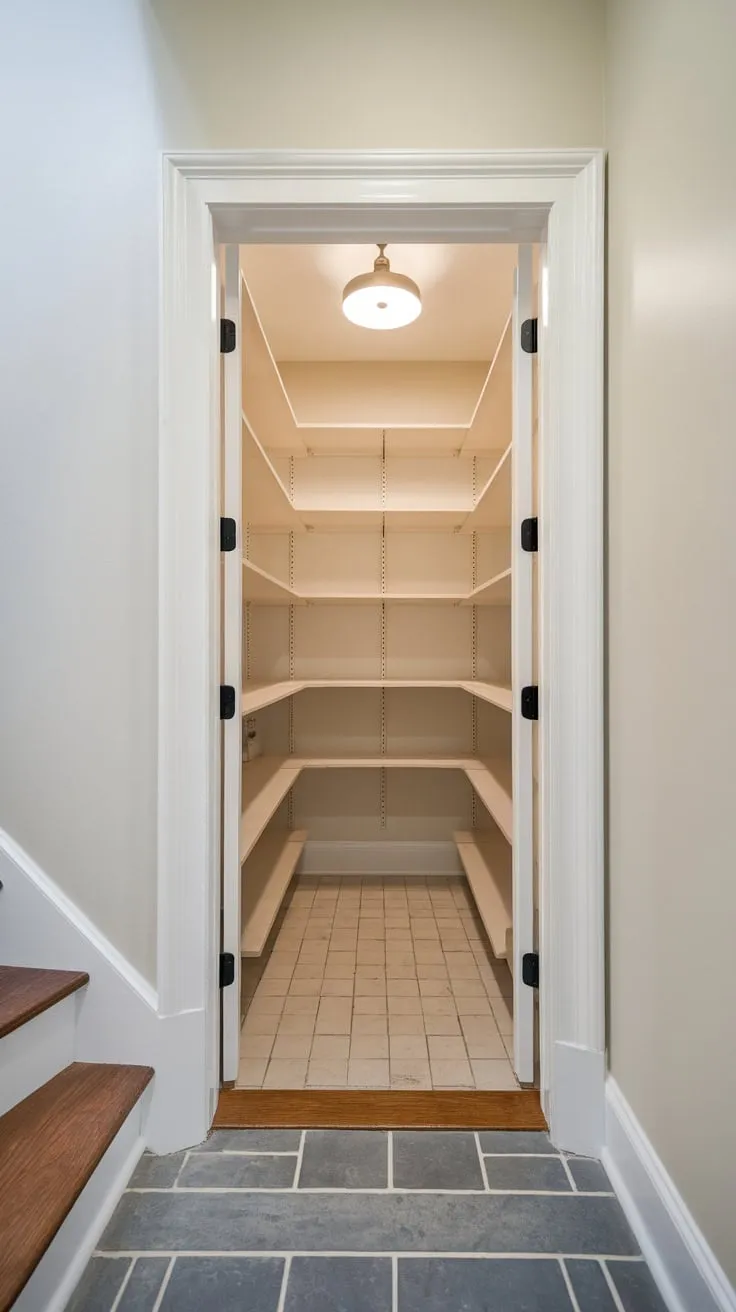 A clean organized small closet pantry remodel under the stairs boasts tiled floors, light walls, and exterior access.