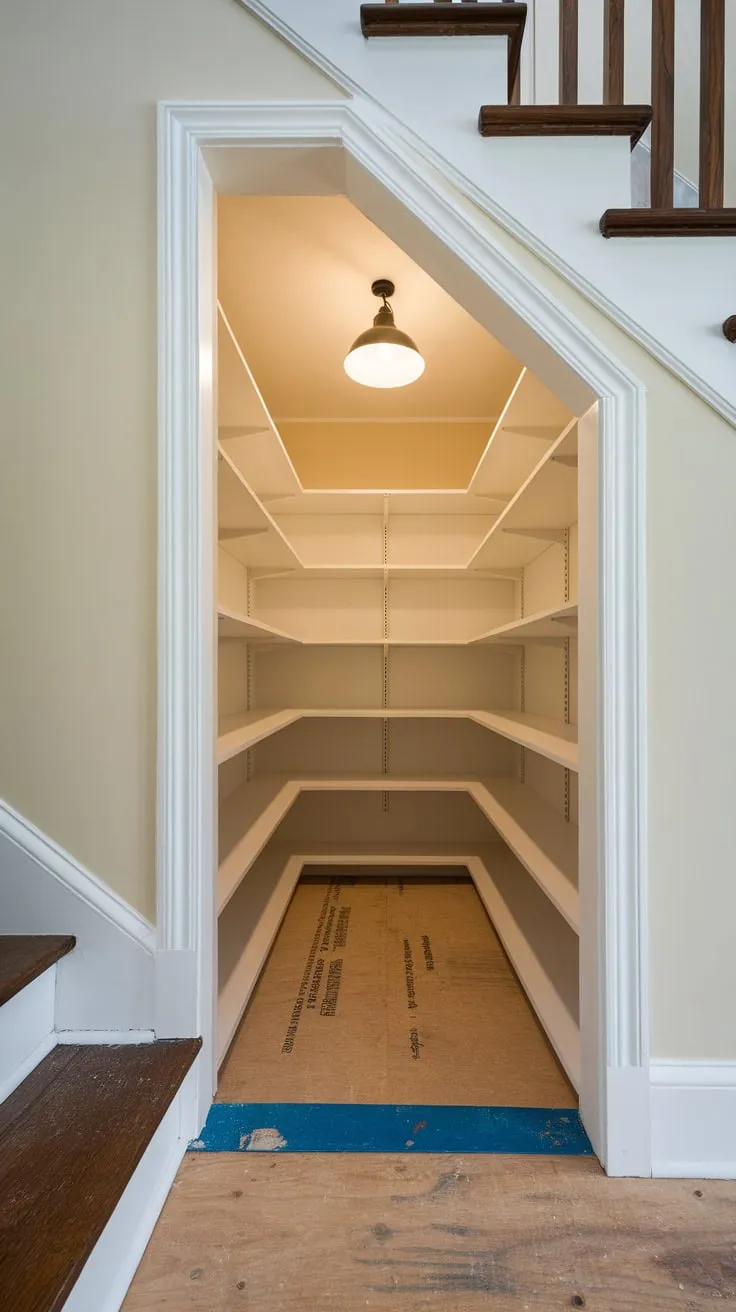 A cramped under-stair closet transforms into a bright, functional pantry with new shelves and plywood flooring