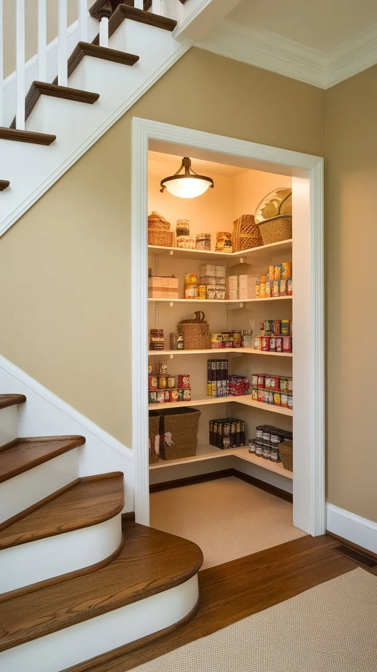 Under-stair space transforms into a charming, functional pantry boasting organized shelves and a cozy atmosphere.