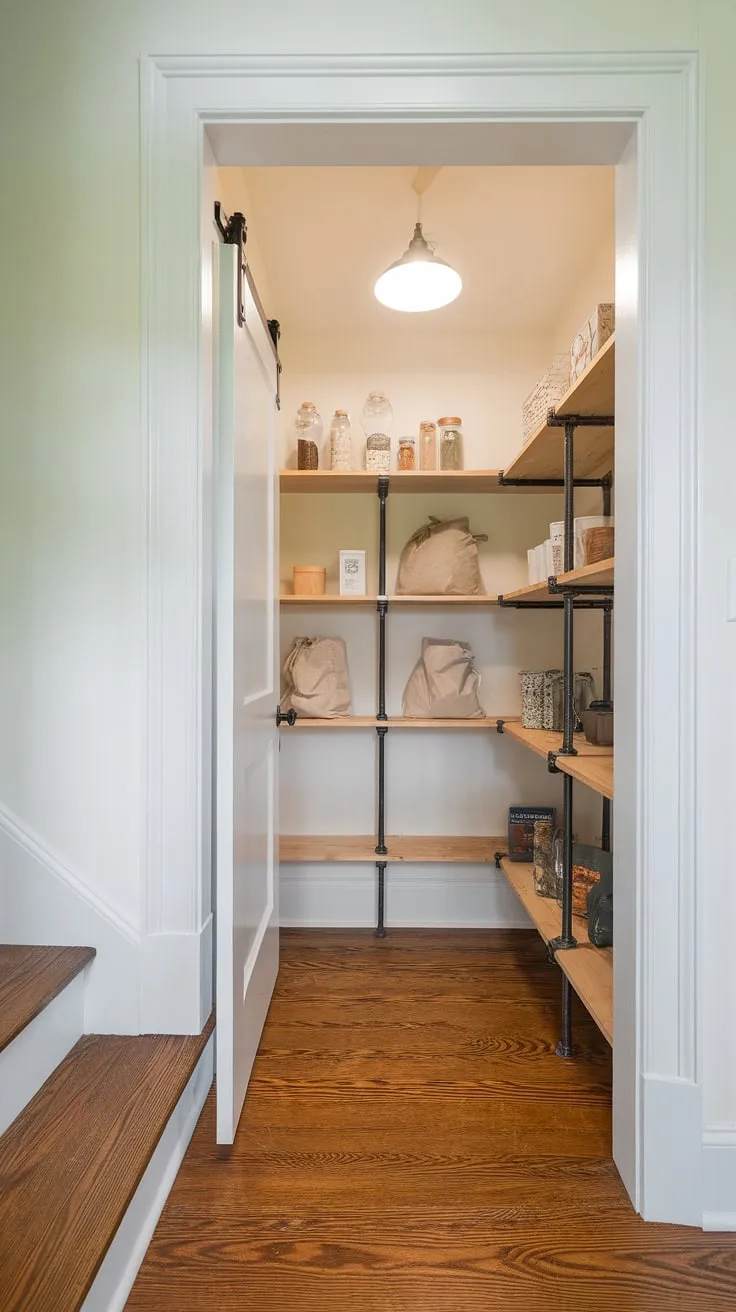 A small, under-stair pantry remodel boasts a wooden floor, metal pipe shelving, and bright white walls, maximizing storage space.