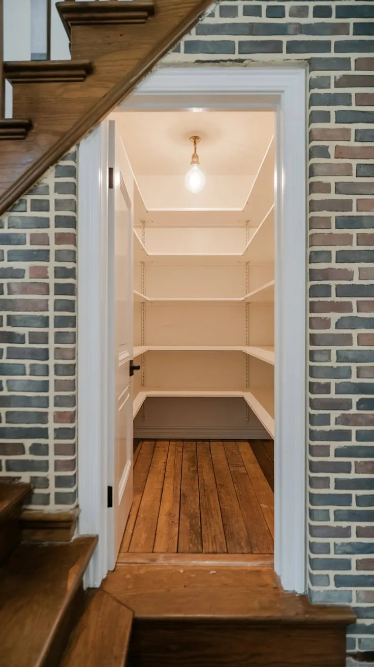 A charming small closet pantry under the stairs gets a remodel, boasting exposed brick walls, wooden floors, and a new lighting scheme.