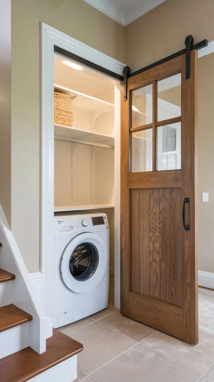 A charming small closet pantry remodel under the stairs boasts a tiled floor, beige walls, and white appliances nestled within a wooden-doored cabinet featuring a window.