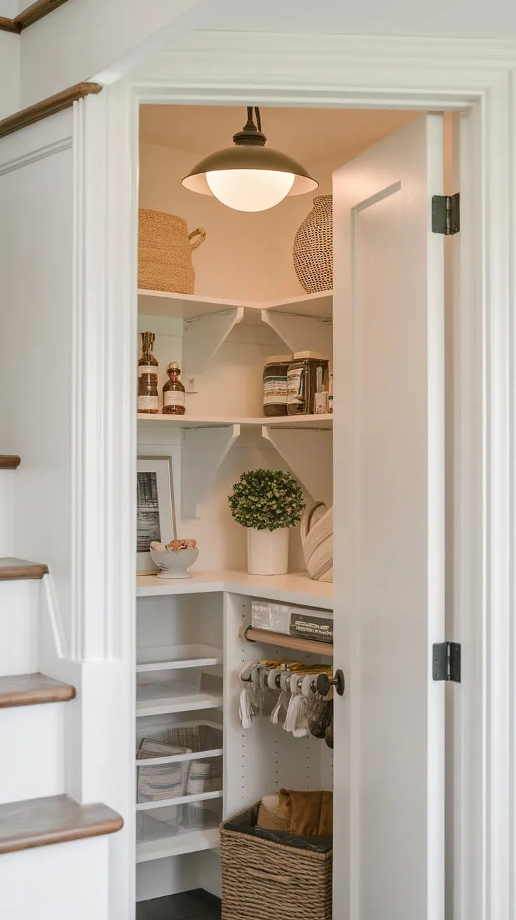 A cleverly designed under-stair pantry, complete with shelves, door, and light, transforms a small closet into an efficient and charming storage area.