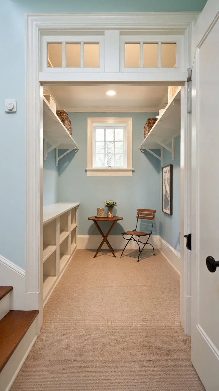 A light blue, under-stair pantry remodel cleverly incorporates a small sitting area and abundant shelving, creating a bright and inviting space.