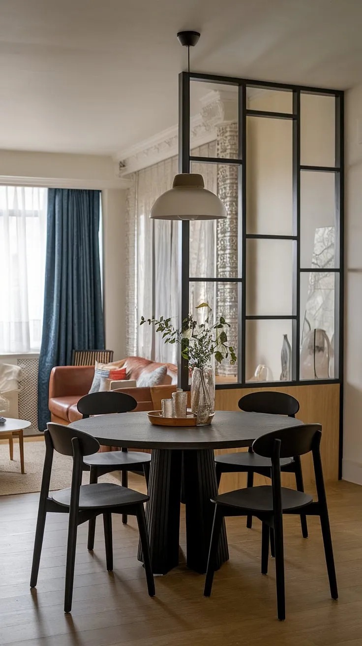 A round dining table small space is the star of this charming, split dining room and living room layout. Positioned in the middle of the living room, this small cute dining table effortlessly anchors the space, demonstrating clever small dining room hacks. The traditional and modern dining room design creates a collected dining room feel, perfectly suited to a small living aesthetic.