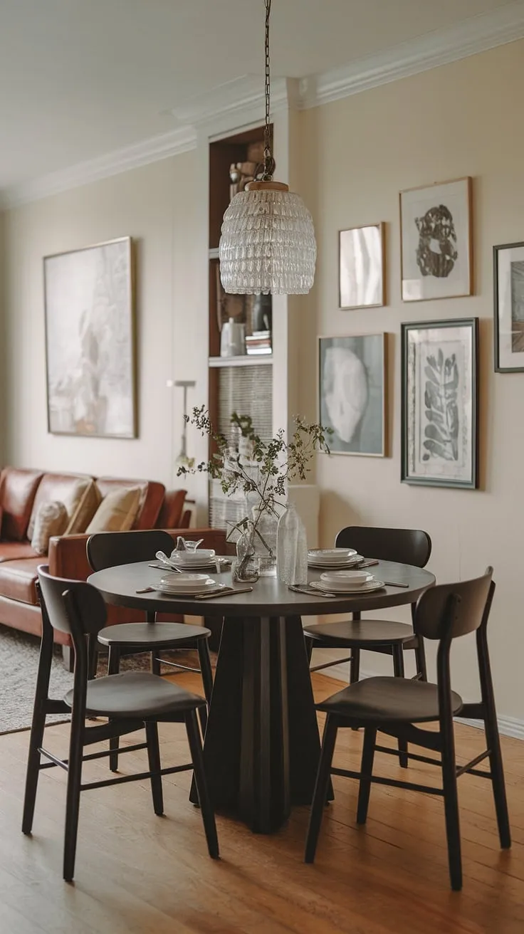 Maximize space and style with this small dining room's clever layout. A round dining table small space solution anchors the collected dining room, blending traditional and modern elements seamlessly in a split dining room and living room layout, achieving a small living aesthetic. This small cute dining table is the perfect example of small dining room hacks.