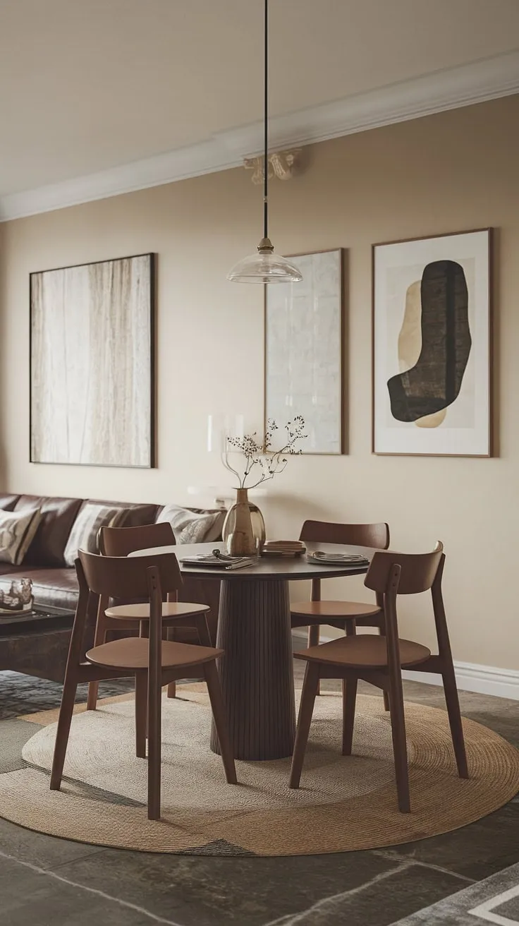 Small cute dining table perfection! This small dining room's dining table in middle of living room design proves that a split dining room and living room layout can be both functional and chic, embodying a small living aesthetic with traditional and modern dining room charm.