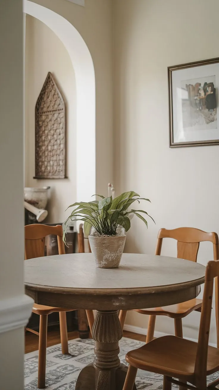 A round dining table small space is the star of this small dining room. Positioned in the middle of the room, this small cute dining table maximizes space, a clever small dining room hack for a split dining room and living room layout. The light walls and carefully chosen decor create a traditional and modern dining room, a collected dining room with a delightful small living aesthetic.
