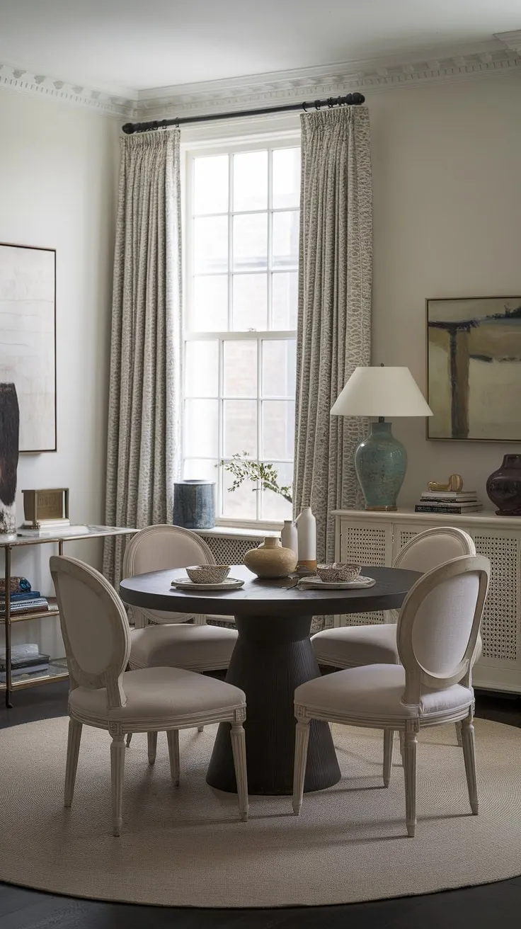 A small cute dining table, perfectly positioned in the middle of the living room, transforms this space. This round dining table small space solution exemplifies small dining room hacks within a collected, traditional and modern dining room design.