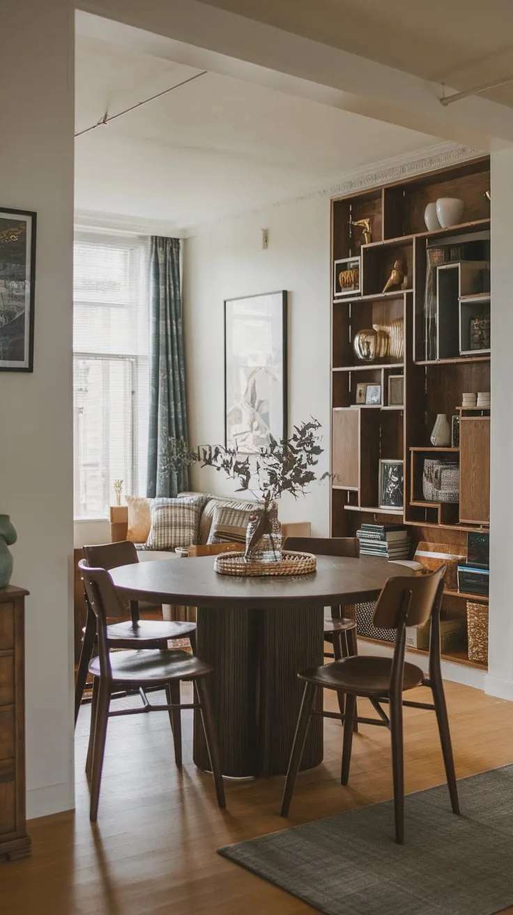 A round dining table small space solution sits perfectly in the middle of this living room, defining a charming small dining room area. The split dining room and living room layout is a brilliant example of small dining room hacks, showcasing a collected dining room with a blend of traditional and modern design. The overall effect is a small living aesthetic that's both functional and aesthetically pleasing.