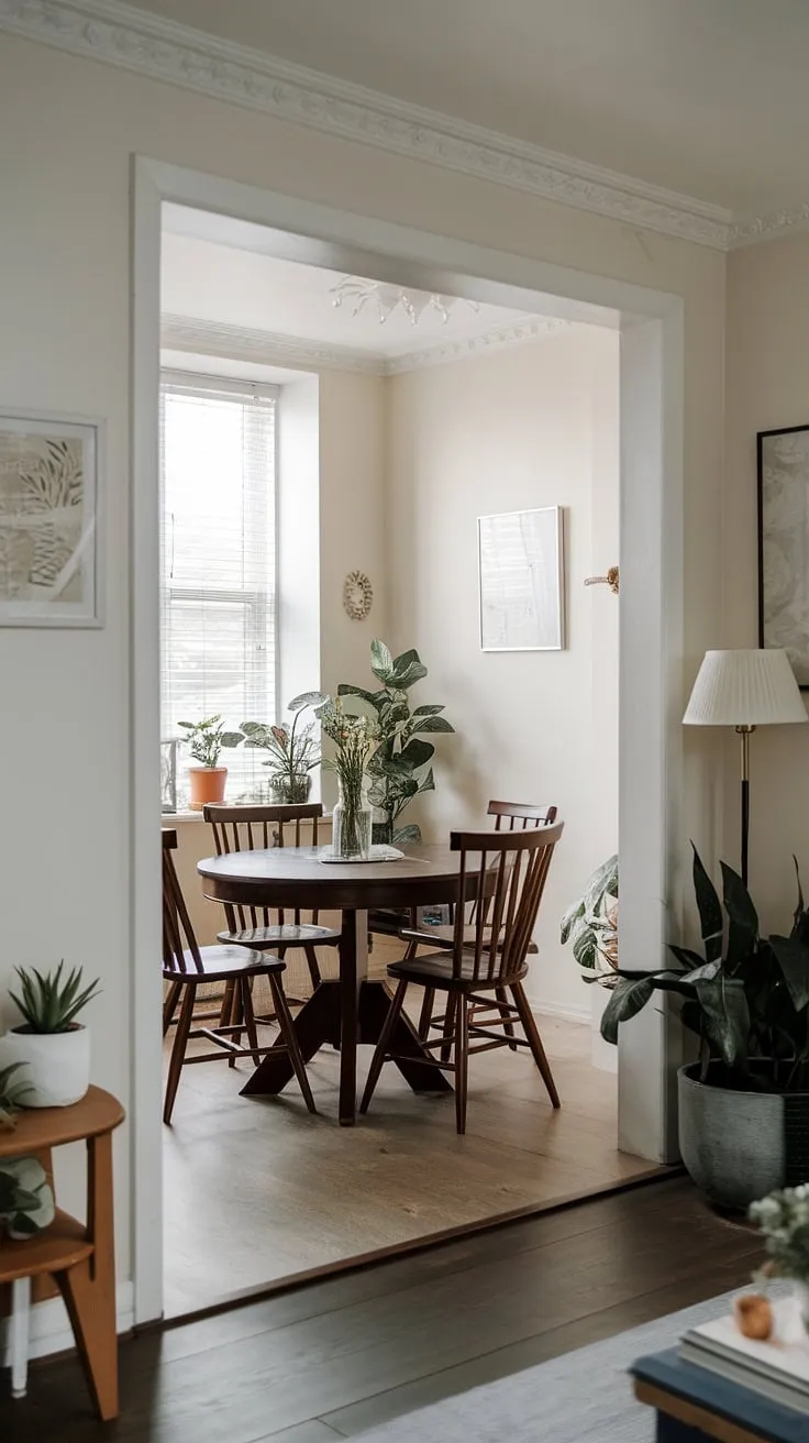 A charming small dining room, achieved with a round dining table small space design in the heart of the living room. This split dining room and living room layout cleverly utilizes the area, showcasing small dining room hacks at their finest. The dark wooden table and chairs offer a traditional touch, while the white walls and greenery contribute to a modern, collected dining room feel. The overall effect is a small living aesthetic that's both inviting and stylish.