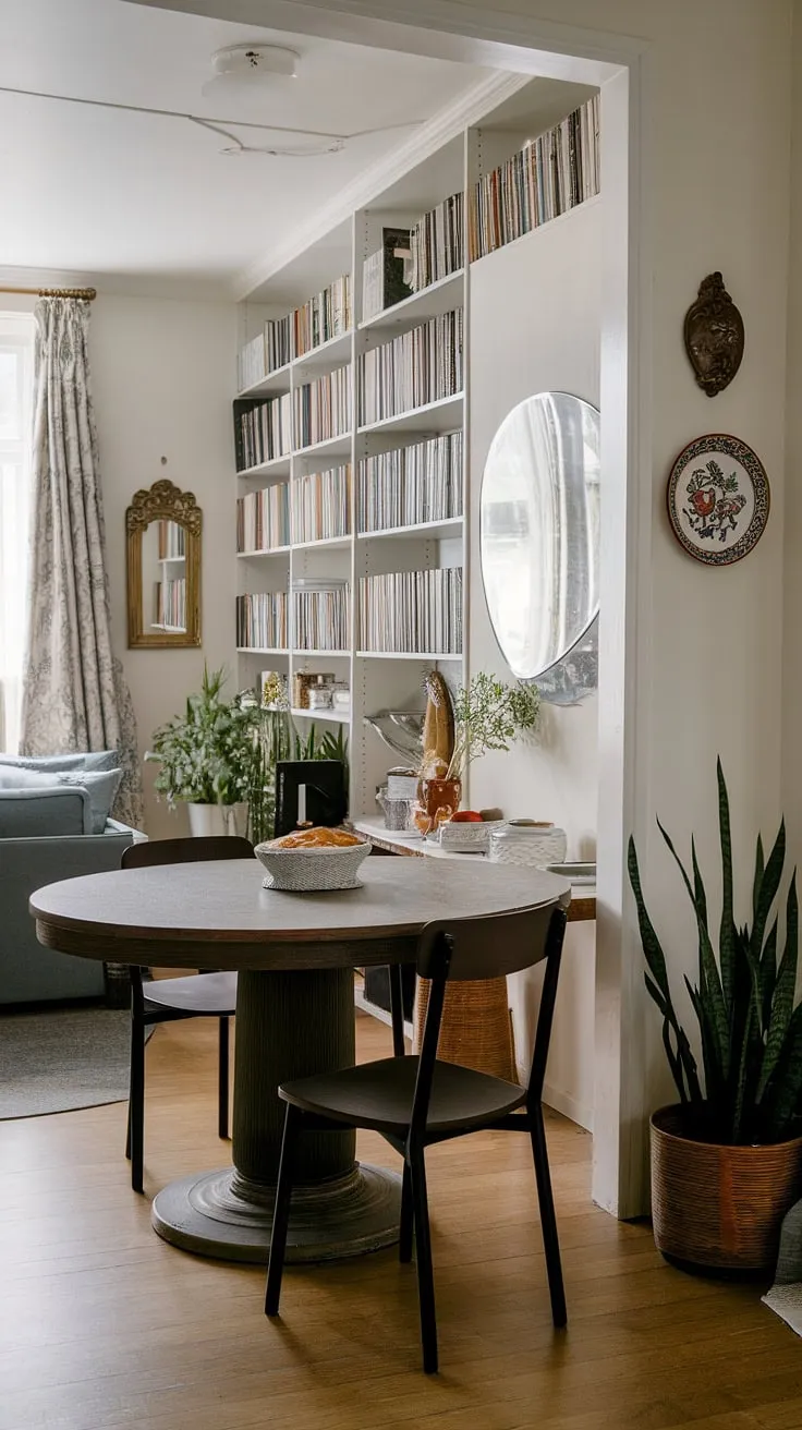Maximize space and style in this small dining room. A round dining table small space solution anchors the room, cleverly separated from the living area by a bookshelf, showcasing a split dining room and living room layout. Small dining room hacks at their finest, creating a collected dining room with a traditional and modern dining room aesthetic.