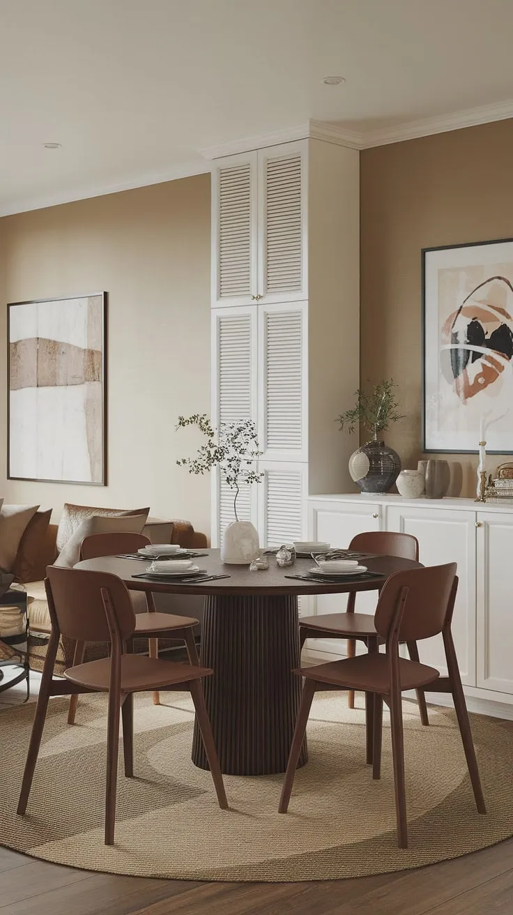 A round dining table small space solution takes center stage in this small dining room, cleverly placed in the middle of the living room for a unique split dining room and living room layout. This small cute dining table is the heart of a collected dining room, blending traditional and modern elements with ease. Small dining room hacks are evident in the space-saving design, creating a small living aesthetic that's both functional and aesthetically pleasing. The beige walls and brown chairs complement the white cabinet, resulting in a warm and inviting atmosphere.