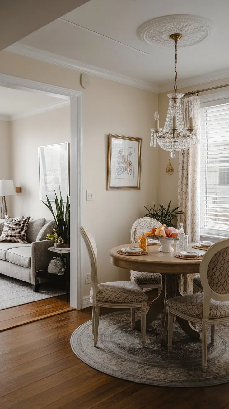 Maximize space and style in this charming small dining room. A round dining table small space solution anchors a collected dining room, seamlessly blending traditional elegance with the small living aesthetic of the adjacent modern living area. The split dining room and living room layout, showcasing small dining room hacks, creates a unique and inviting atmosphere.