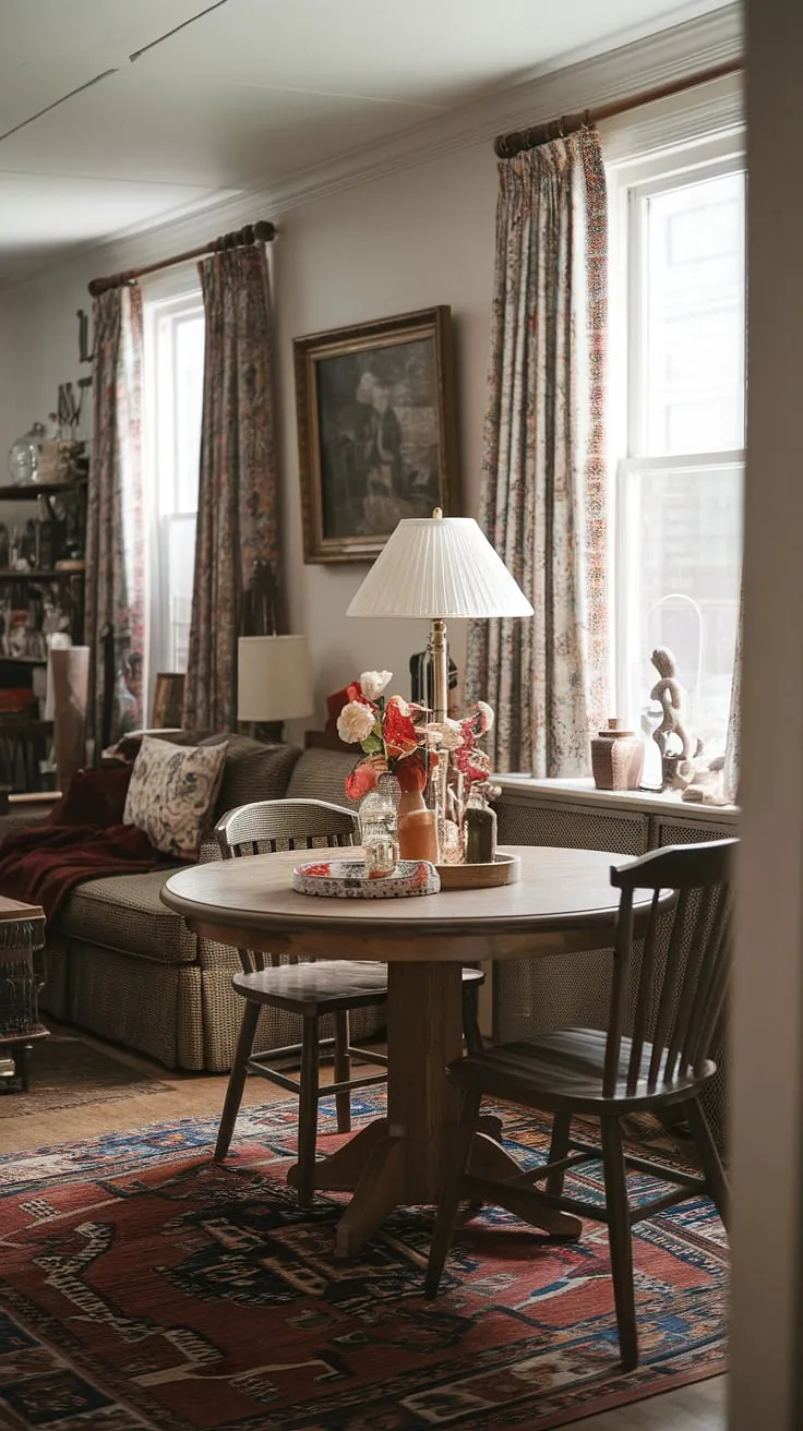 A charming example of small dining room hacks in action! This small dining room, featuring a round dining table small space positioned cleverly in the middle of the living room, demonstrates a successful split dining room and living room layout. The traditional and modern dining room elements, along with the collected dining room feel, create a cozy and inviting small living aesthetic. The small cute dining table is the perfect focal point.
