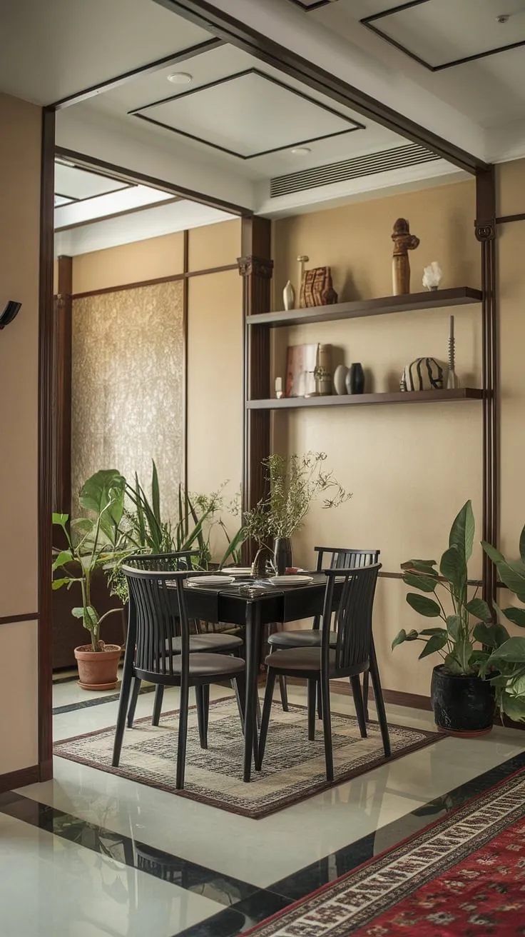 A small cute dining table anchors this split dining room and living room layout, embodying the small living aesthetic. This small dining room proves that big style doesn't require big space.
