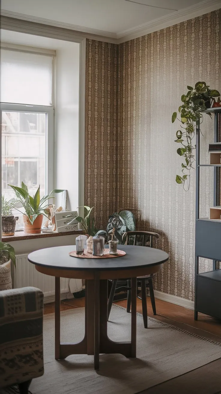 This small dining room, cleverly situated in the middle of the living room, showcases a delightful blend of traditional and modern aesthetics. The small cute dining table, a round dining table perfect for small spaces, anchors the room, maximizing space with small dining room hacks. A split dining room and living room layout, this collected dining room feels surprisingly spacious thanks to the thoughtful placement and the patterned wallpaper. A potted plant near the window adds a touch of life to this small living aesthetic.