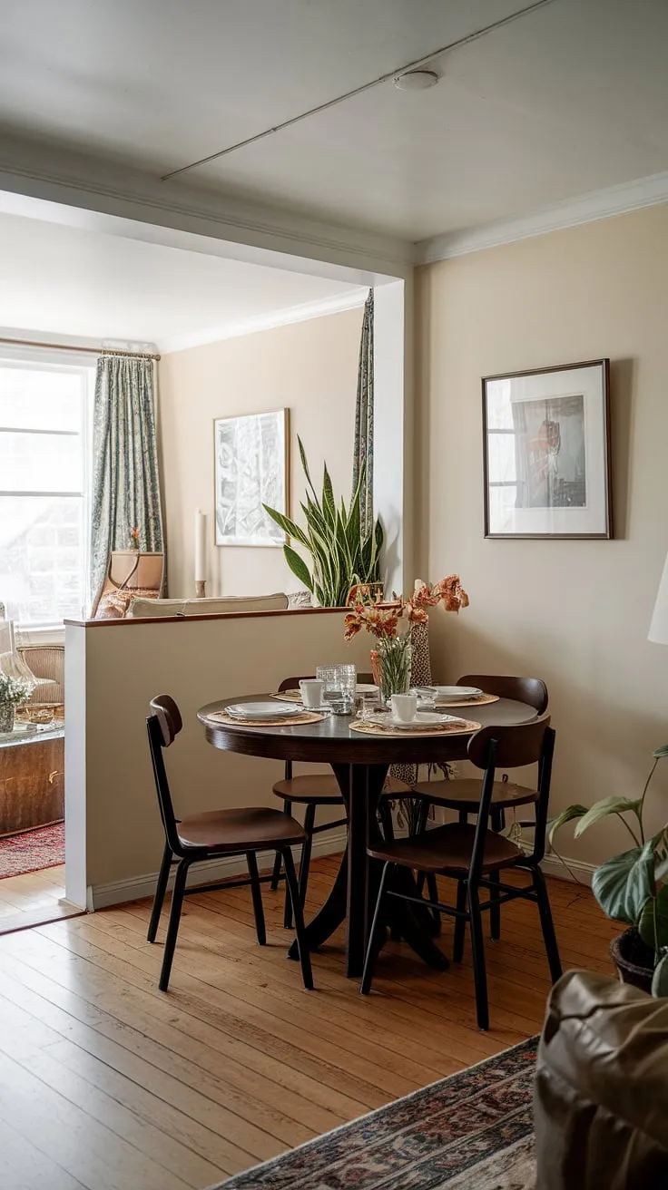 Maximize space and style with this small dining room's clever placement in the heart of the living area. A round dining table small space solution, perfect for a collected dining room aesthetic. The split dining room and living room layout showcases small dining room hacks and a traditional and modern dining room blend.