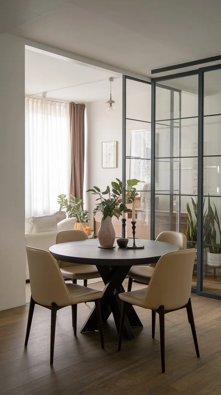 A round dining table small space is the star of this charming, collected dining room. The small dining room's traditional dark wood table and beige chairs contrast beautifully with the modern white sofa and plants in the adjacent living room, creating a unique traditional and modern dining room. This clever dining table in middle of living room arrangement, a prime example of small dining room hacks, demonstrates how a split dining room and living room layout can maximize space and style in a small living aesthetic.