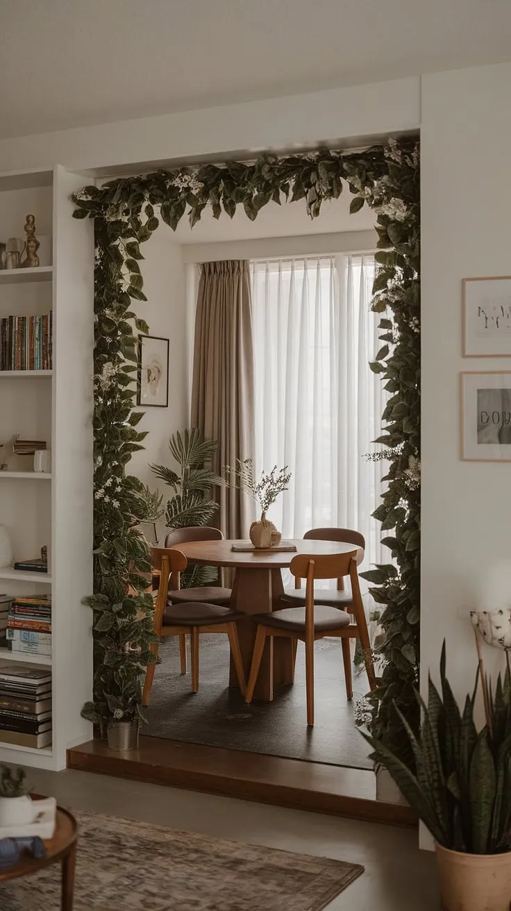 Maximize space and style in this small dining room, proving that a round dining table small space can be both functional and chic. The split dining room and living room layout, defined by a leafy friend, creates a collected dining room with a small living aesthetic.